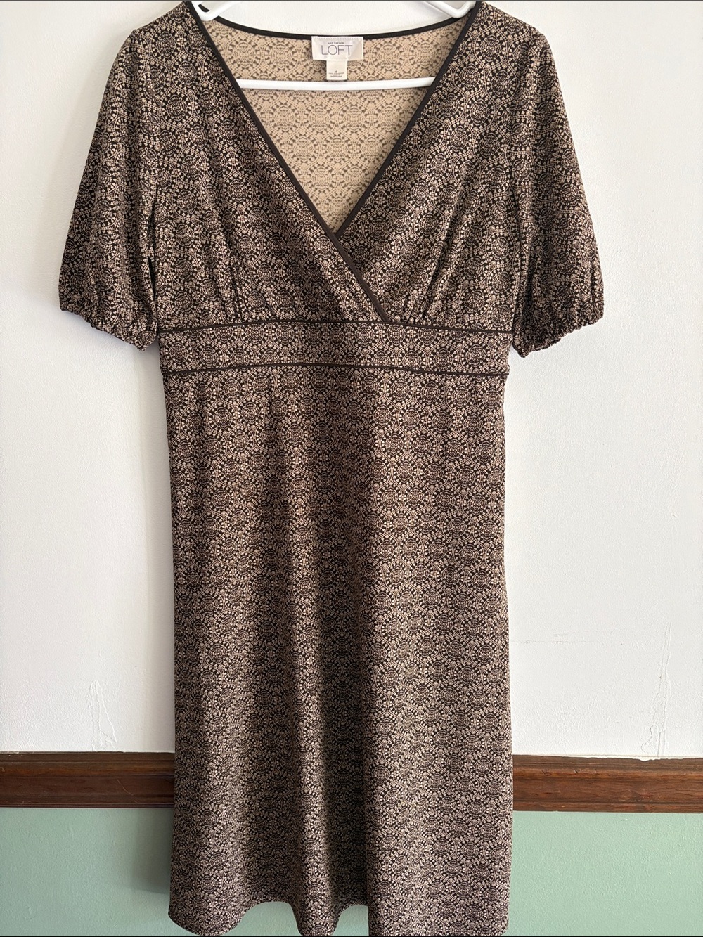 LOFT Brown Printed V-Neck Empire-Waist Dress